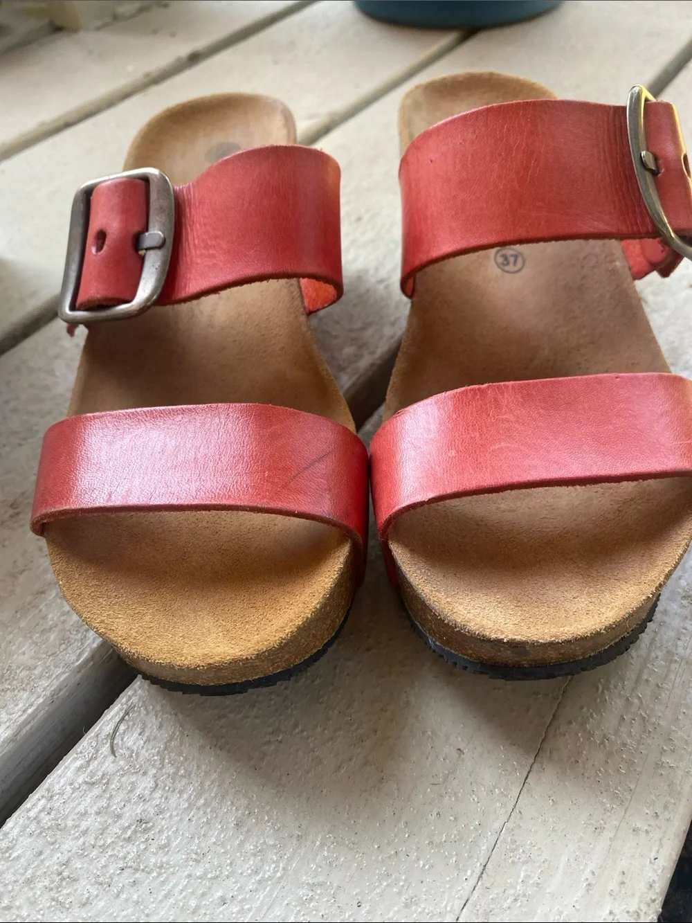 Lola Sabbia Red Leather Wedge Sandals Comfort Slide Buckle Shoes Womens 37/US7